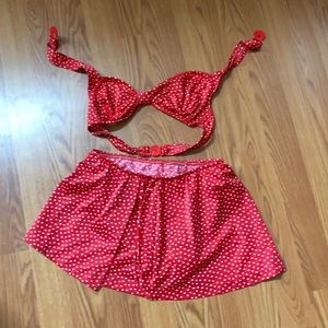 Red and white swimsuit with skirt